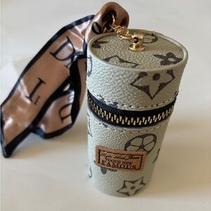 Designer-Style Beige Monogram Lipstick Case with Scarf Accent